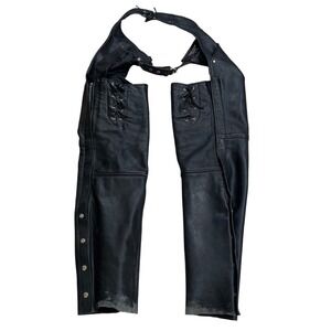 Bikers Club Mens XL Black Leather Motorcycle Chaps Laced Sides Zippers pre owned